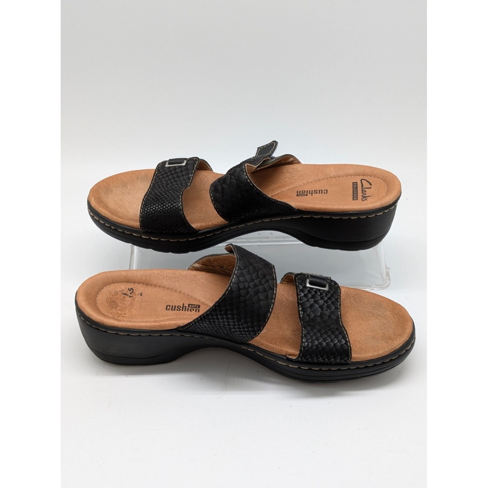 Clarks Collection Cushion Soft Slide Sandals Women's 7.5 Black Leather Comfort